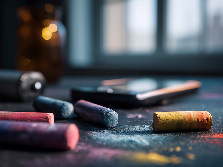 Zu sehen ist in einem etwas dunklerem Raum auf einer Tischplatte aus Stein in scharfem Fokus bunte Kreide und im unscharfen Hintergrund ein Smartphone.