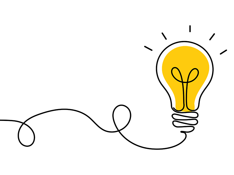 Zu sehen ist vor weissem Hintergrund eine gezeichnete Glühbirne, mit einem Kabel das aus dem linken Bildrand führt.