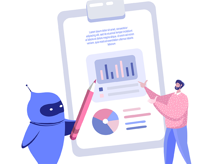 Zu sehen ist ein corporate design Bild von einem Roboter und einem Mann, die mit einem riesiegen Smartphone interagieren