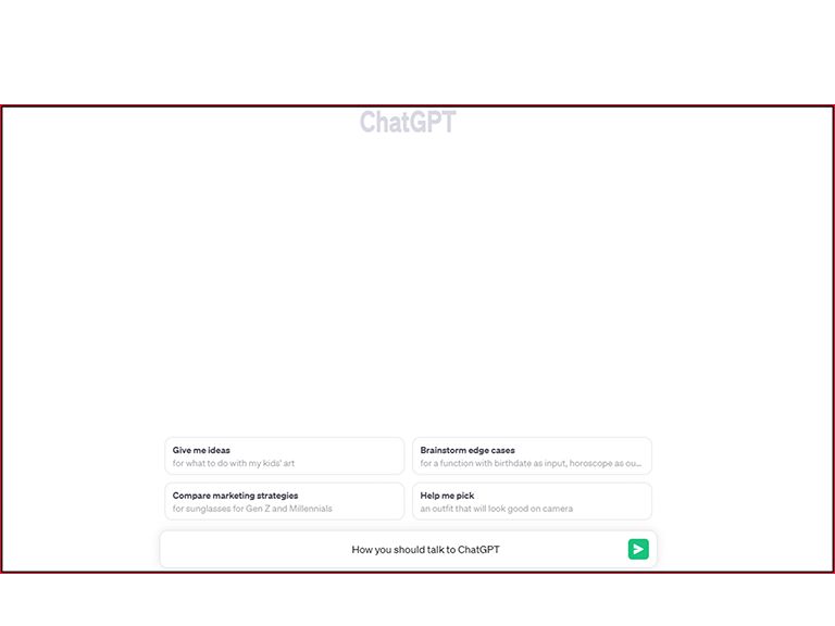 Zu sehen ist ein noch nicht begonnener ChatGPT-Chatverlauf: Weisser Hintergrund, und unten kleine Boxen mit Textvorschlägen