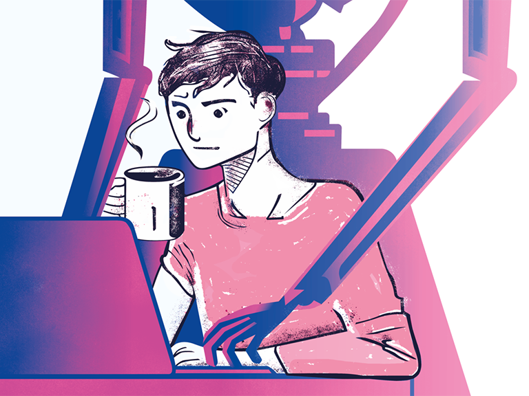 Zu sehen ist ein gezeichneter Student in hellrotem T-Shirt mit einer Kaffeetasse vor einem Laptop und einer Darstellung einer KI, die hinter ihm steht und mittippt