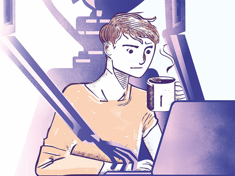 Zu sehen ist ein gezeichneter Student in orangem T-Shirt mit einer Kaffeetasse vor einem Laptop und einer Darstellung einer KI, die hinter ihm steht und mittippt