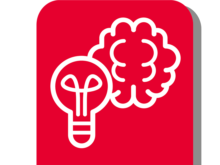 Zu sehen ist in weiss auf rotem Hintergrund das Logo von Gute Lehre Uni Bern. 2 Icons: Eine Glühbirne mit einem Gehirn