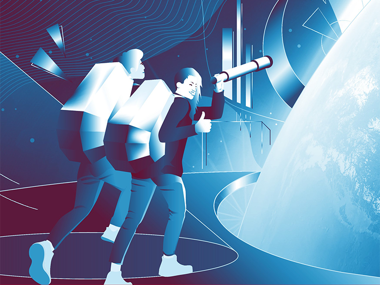 Zu sehen ist eine Zeichnung von Personen, die in einer abstrakte, sehr blauen Umgebung Dinge erkunden.