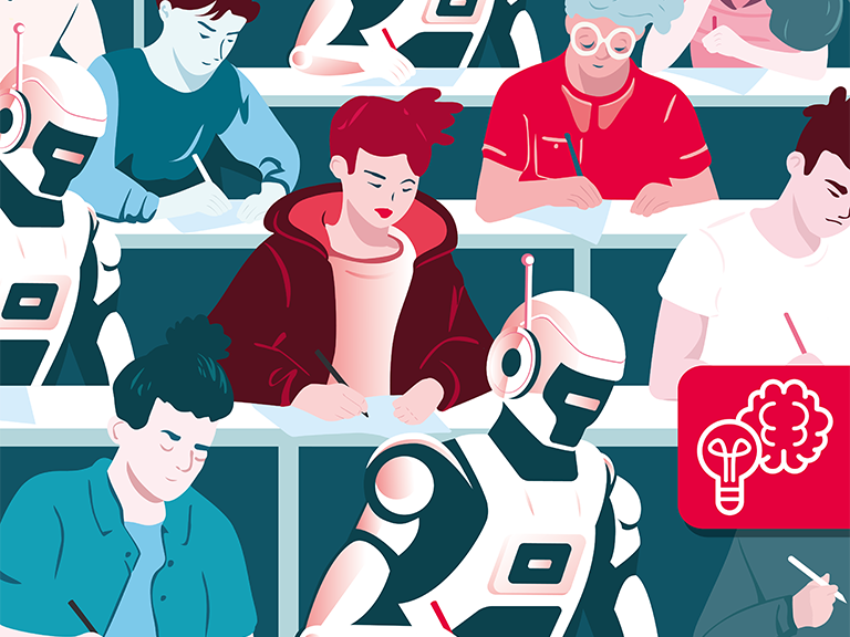 Zu sehen sind Studierende und Roboter die in einem Hörsaal sitzen und mitschreiben. Es ist gezeichnet.