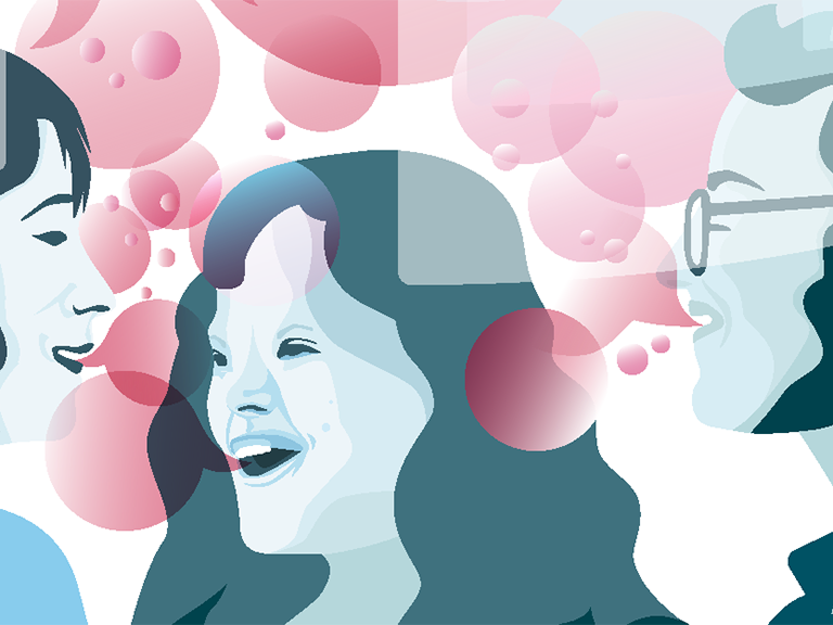 Eine Grafik mit abgebildeten Menschen die mit rosa Sprechblasen kommunizieren