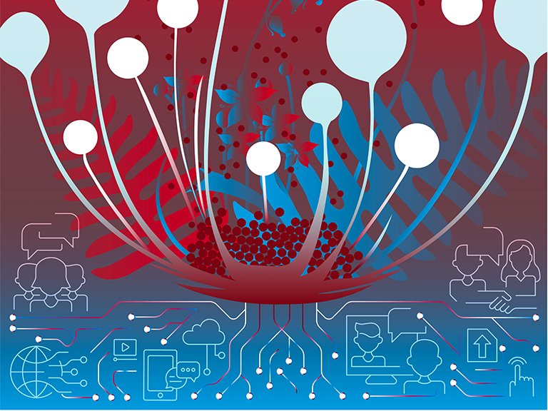 Zu sehen ist eine Zeichnung einer digitalen Blume über verschiedenen Piktogrammen