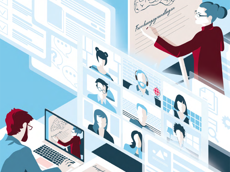 Zu sehen ist eine Zeichnung von 2 Personen die arbeiten, die eine an der Tafel erklärend, der andere am Laptop das Geschehen über einen Stream mitverfolgend.. Dazwischen sieht man andere virtuelle Köpfe zuschauen