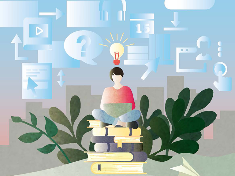 Zu sehen ist eine Zeichnung einer Person die auf Büchern sitzt vor einem Himmel und in der Ferne Stadt zu sehen. Er sitzt am Laptop und hat eine helle Glühbirne auf dem Kopf.