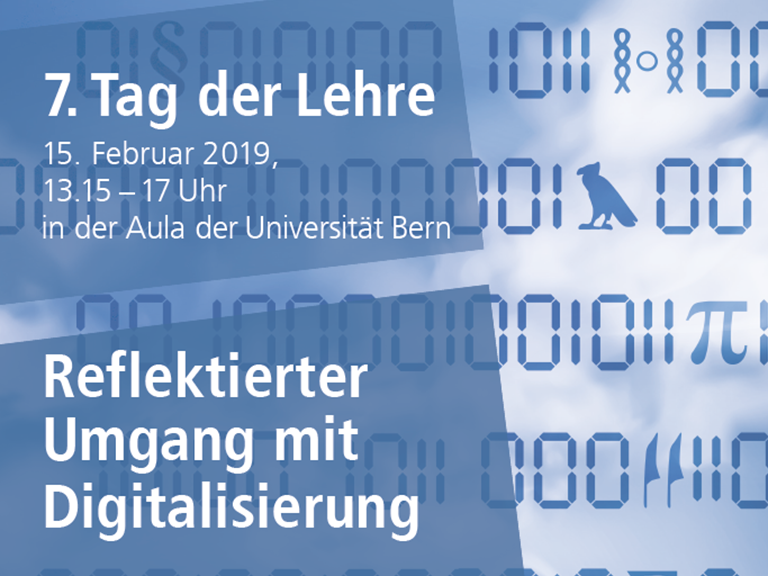 Zu sehen ist ein hellblauer Hintergrund mit etwas dunkleren, blauen Ziffern und sogar ein paar Hyroglyphen. Davor ist der Schrift Zug 7. Tag der Lehre zu sehen