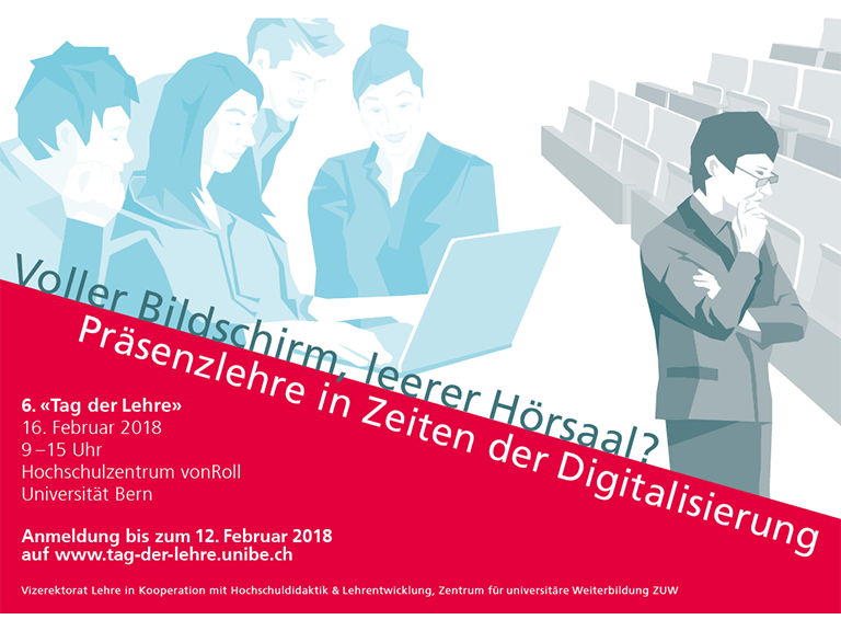 Zu sehen ist eine Zeichnung eines leeren Hörsaals und eines Dozenten der etwas traurig in die leeren Reihen blickt. Es stellt den Flyer vom Tag der Lehre dar.