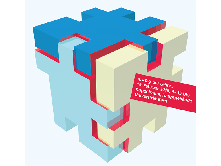 Zu sehen ist der Flyer vom Tag der Lehre 2016: Darauf abgebildet ein 3D-Würfel, wo jede Seite quasi ein Puzzlestück ist.