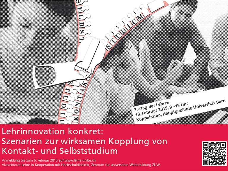 Zu sehen ist der Flyer vom Tag der Lehre 2015: auf der einen Seite eine Studentin, wie sie Notizen macht, auf der anderen Seite Studierende die diskutieren. Es sind Fotos, die über eine Reissverschluss-Zeichnung getrennt sind