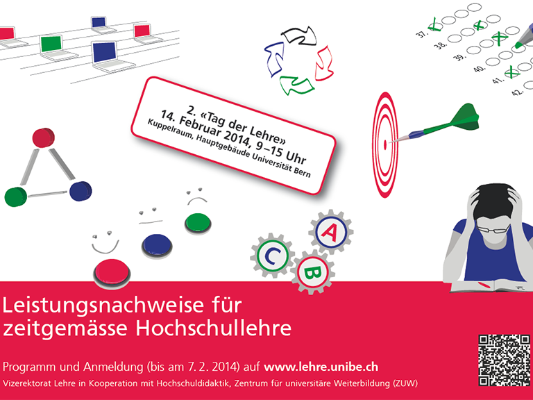 Zu sehen ist der Flyer vom Tag der Lehre 2014: Eine Sammlung von grünen, roten und blauen Icons, etwa eine Zielscheibe, eine Prüfung oder ein Modell