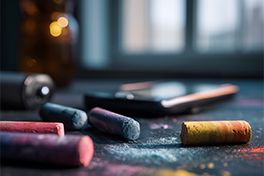 Zu sehen ist eine Fläche auf der farbige Kreide-Stücke liegen und im Hintergrund ein unscharfes Smartphone und ein Fenster.