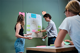 Studierende und Studierender stehen und erklären ihr Modell, das auf dem Schreibblock aufgeschrieben ist. Die anderen Studierenden, hören sitzend zu.